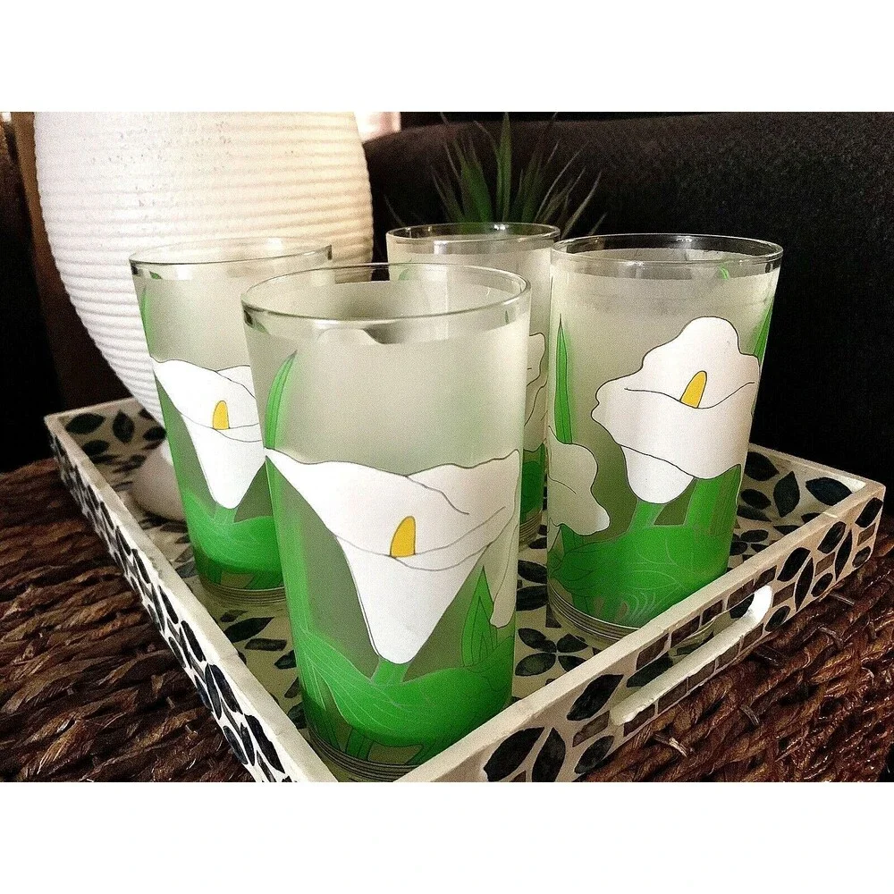 VTG Calla Lily Frosted Tumblers 4 Set 1980s Splash Ware Acrylic Cups 16 oz Retro